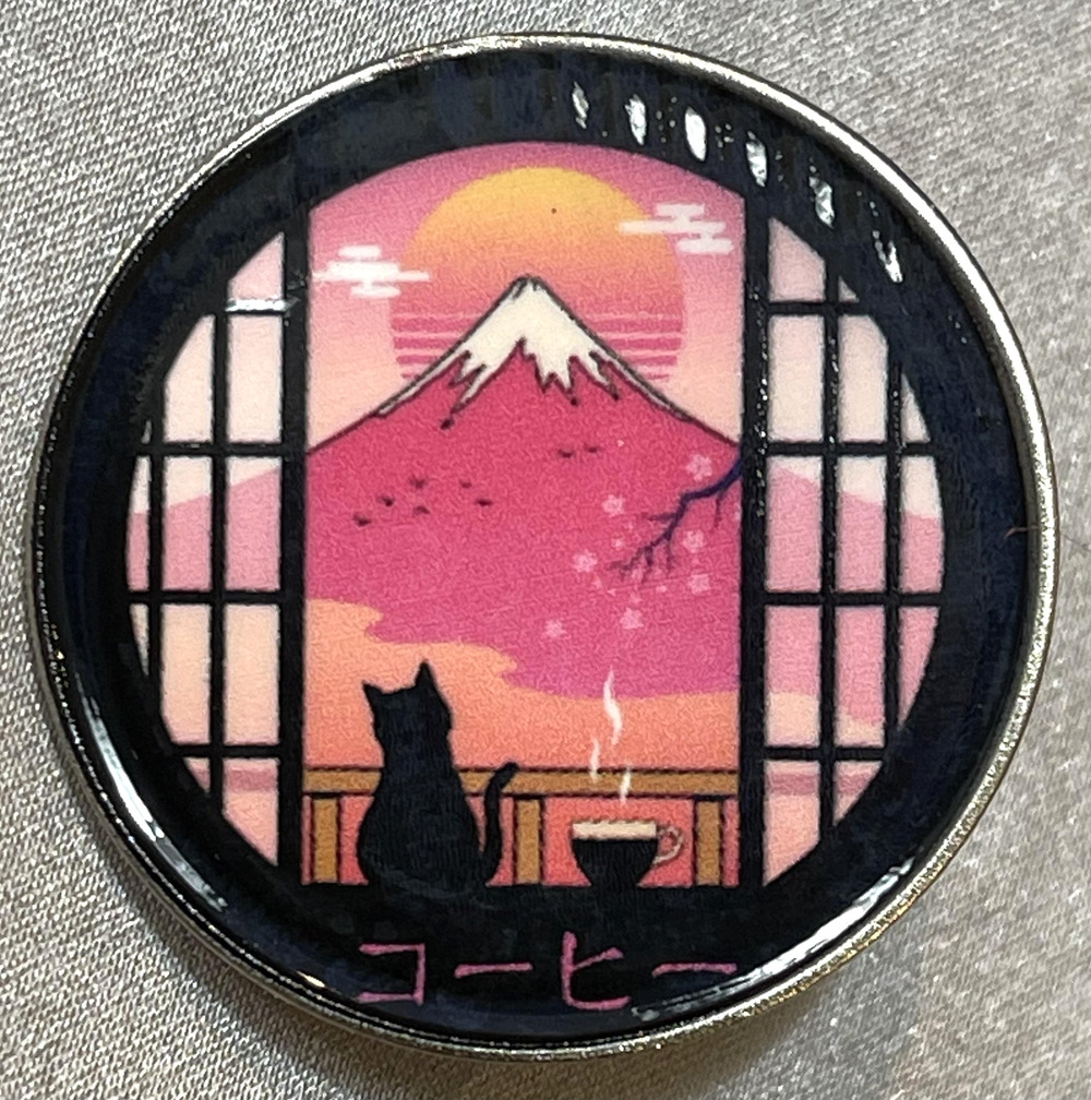 NWOT Pink Cat Mt Fuji Japan Coffee Lapel Pin Animals Travel Nature Meditation